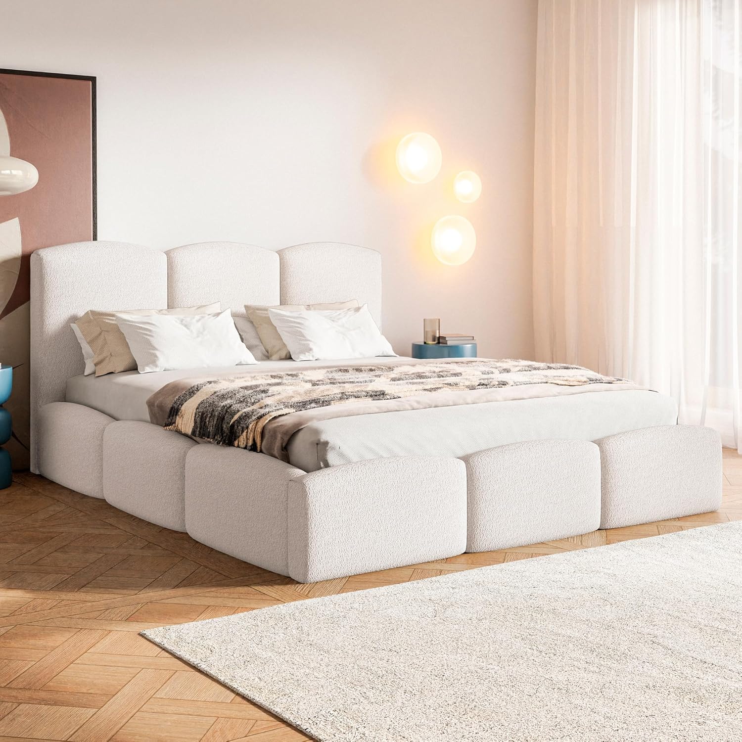 Cloud Bubble Bett 180x200 Weiß Boucle, mit Stauraum, mit Kopfteil, mit Lattenrost, ohne Füße, ohne Matratze, Bubble Polsterbett 180x200 mit Bettkasten Weiß (Milch)