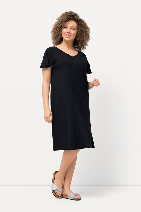 Jersey-Midikleid, A-Linie, V-Ausschnitt, Cup-Ärmel