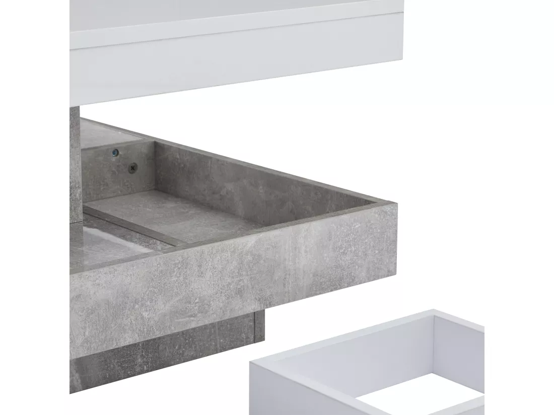 Table basse avec rangements 70x70x36 cm - plateau brillant orientable à 360° - Blanc & Gris
