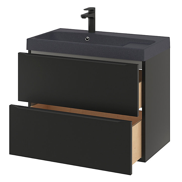 Ensemble salle de bains l.80 cm meuble à suspendre Imandra noir mat + plan vasque résine noir