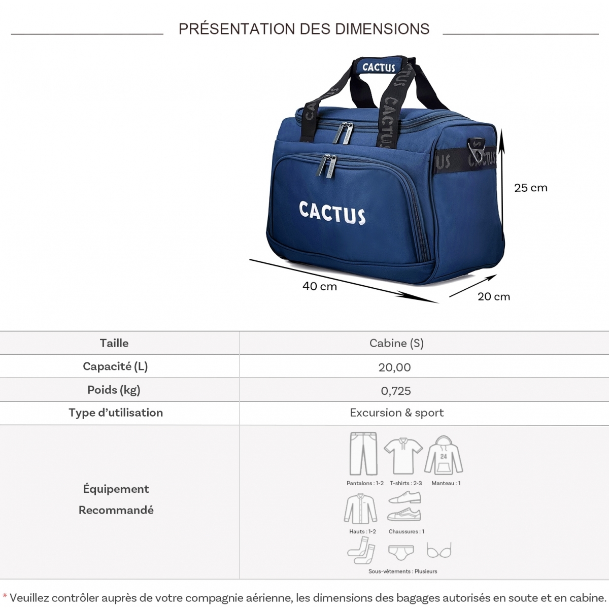 Cactus Sac de voyage 20L week-end et sport Cactus polyester format Ryan Air sans roulettes