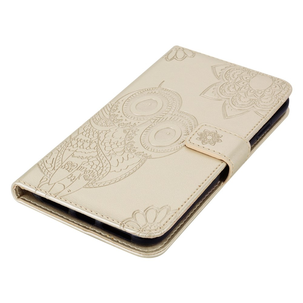 iPhone 14 Pro Max Leder Tasche Wallet Eulen Mandala Imprint - Gold