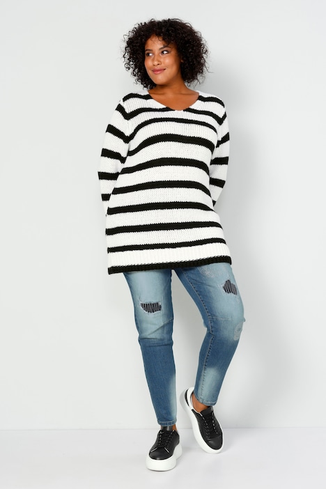 Pullover, oversized, Ringel, V-Ausschnitt, Langarm