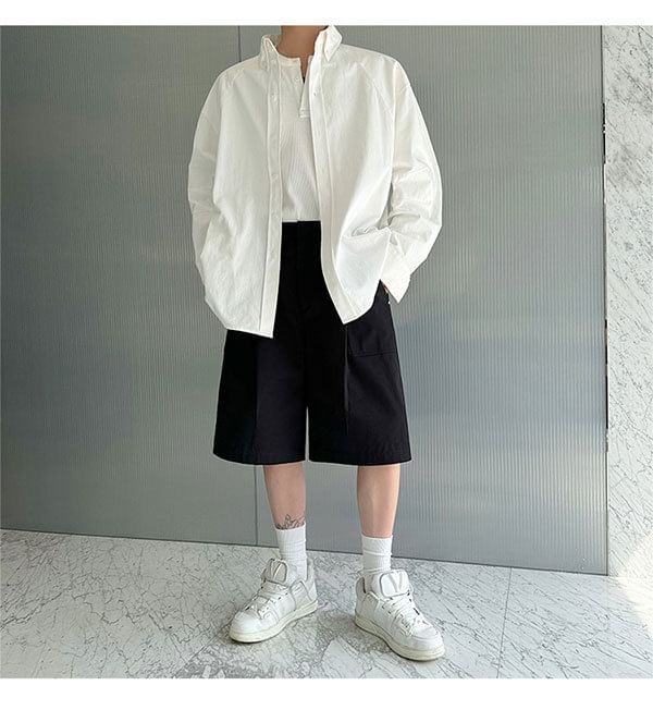 Omozando - Mid Rise Plain Capri Wide Leg Cargo Pants