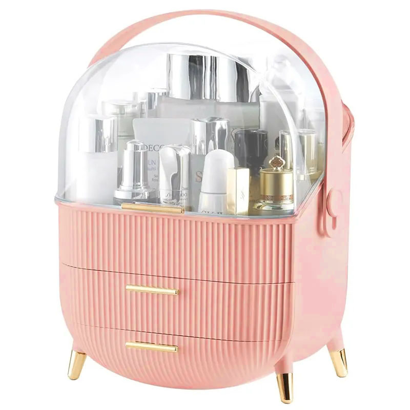 Make Up Organizer Schminktisch Kosmetik Aufbewahrung mit Deckel / Schubladen / Tragegriff - Rosa / Transparent