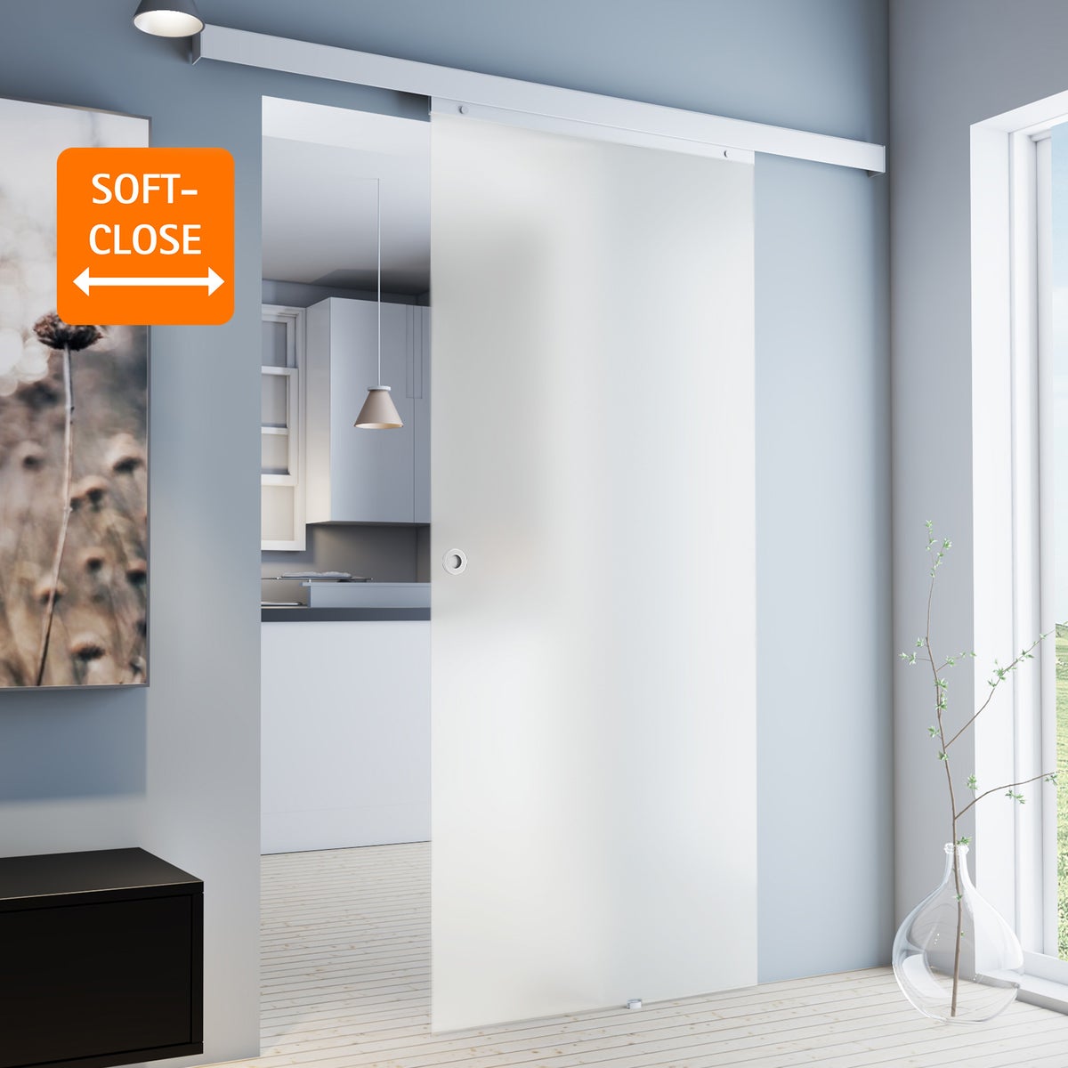 Schuifdeur van glas, mat, 775x2035 mm, binnendeur, glazen schuifdeur - verzonken handgreep + 2-zijdige softclose