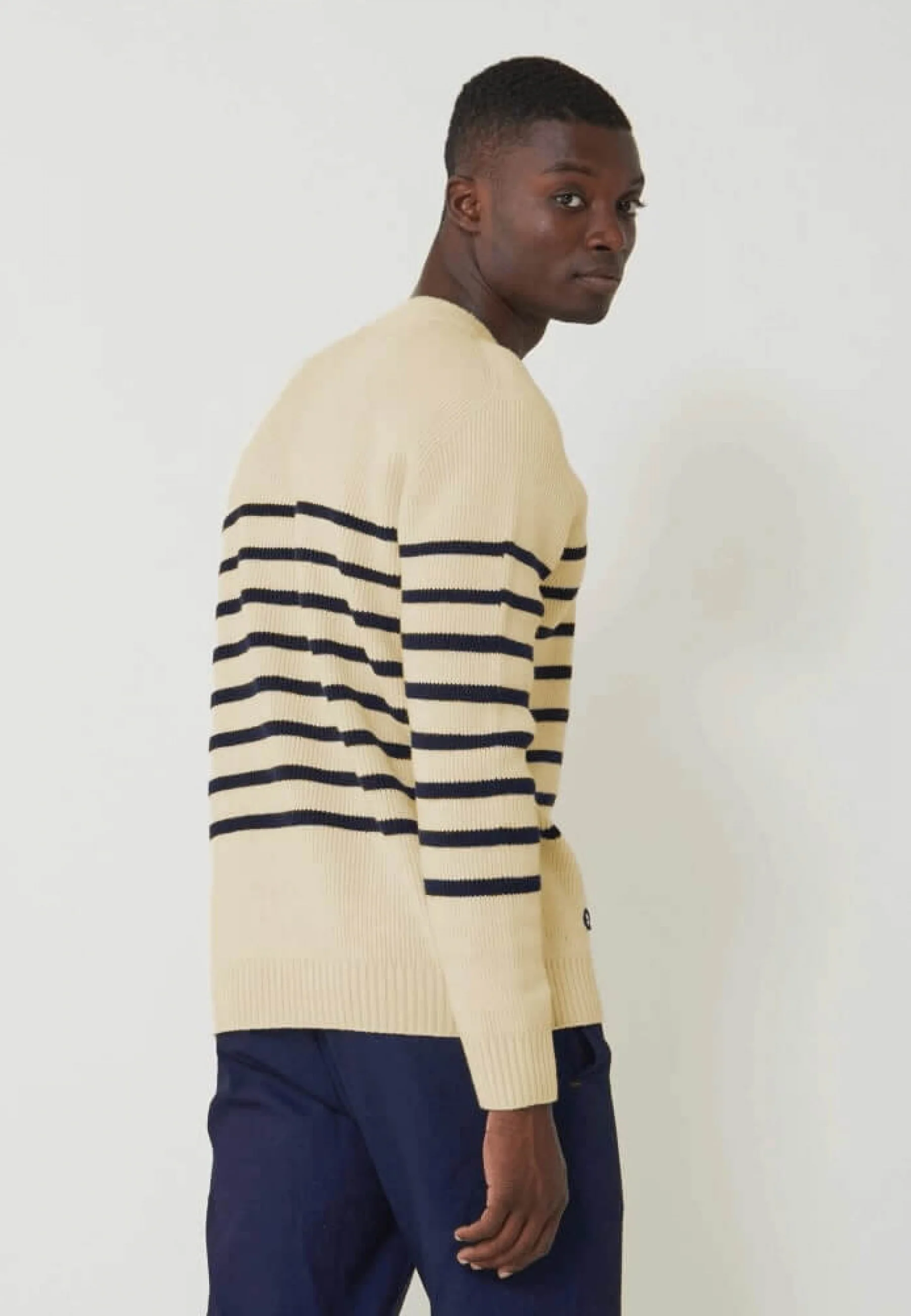 Pull mixte en laine française-Lude Marinière Ecru Marine