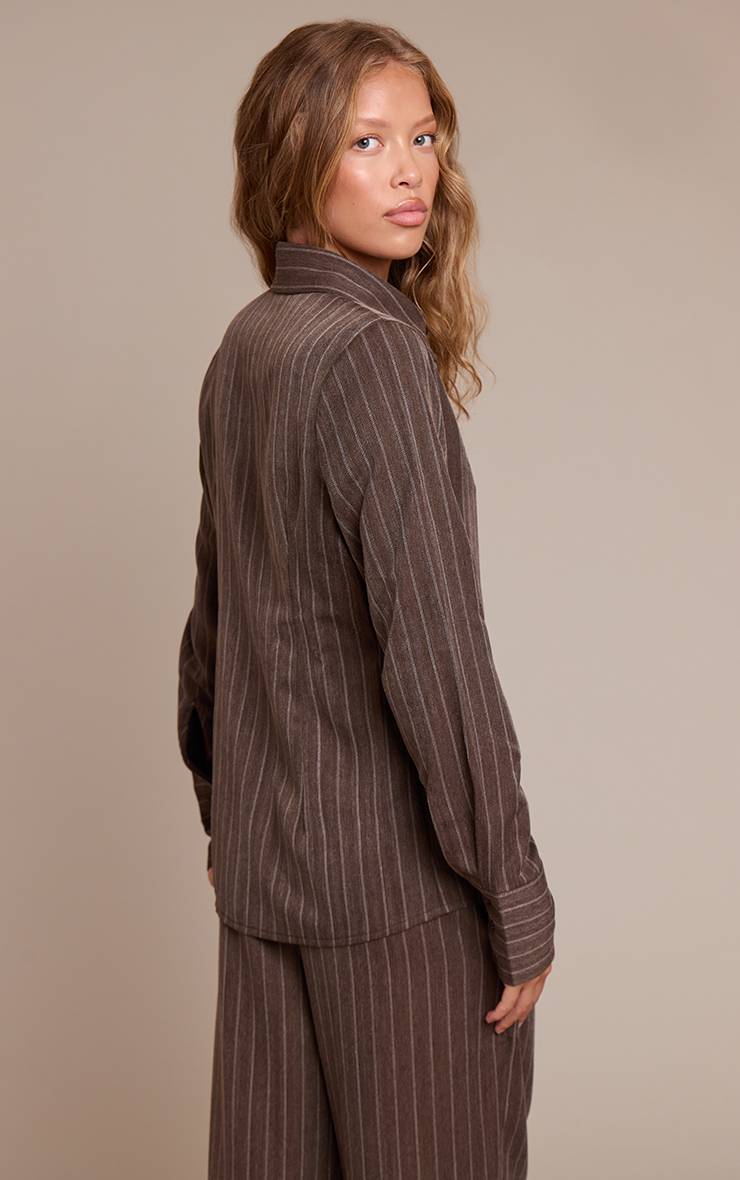 Marron Ensemble Coordonné Chemise Asymétrique À Rayures Fines Gris Clair