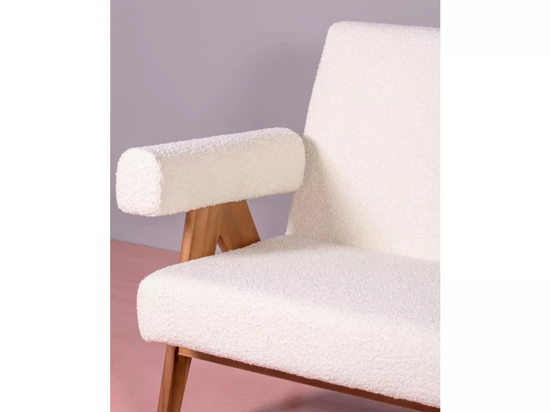 Canapé vintage en bois de teck et revêtement en boucle - Daneu - Blanc