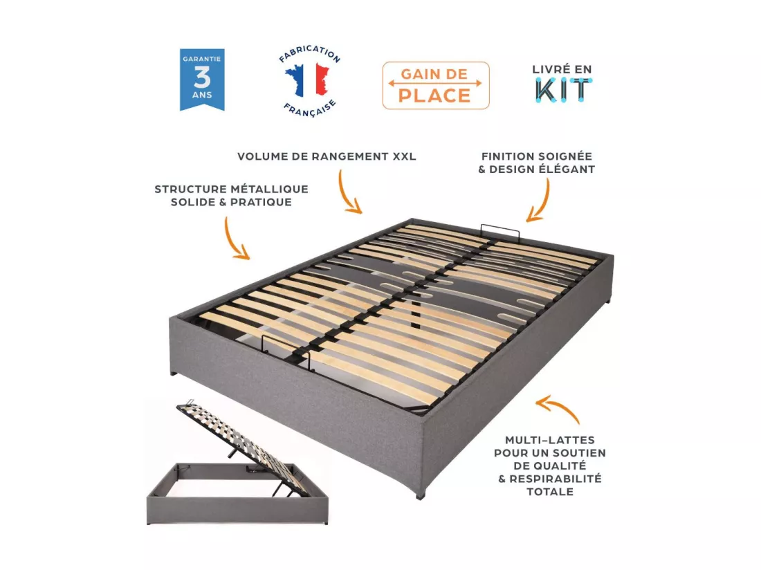 Lit coffre Savio - 140x190 - Tissu déco gris clair - 36 lattes bois - Gain de place