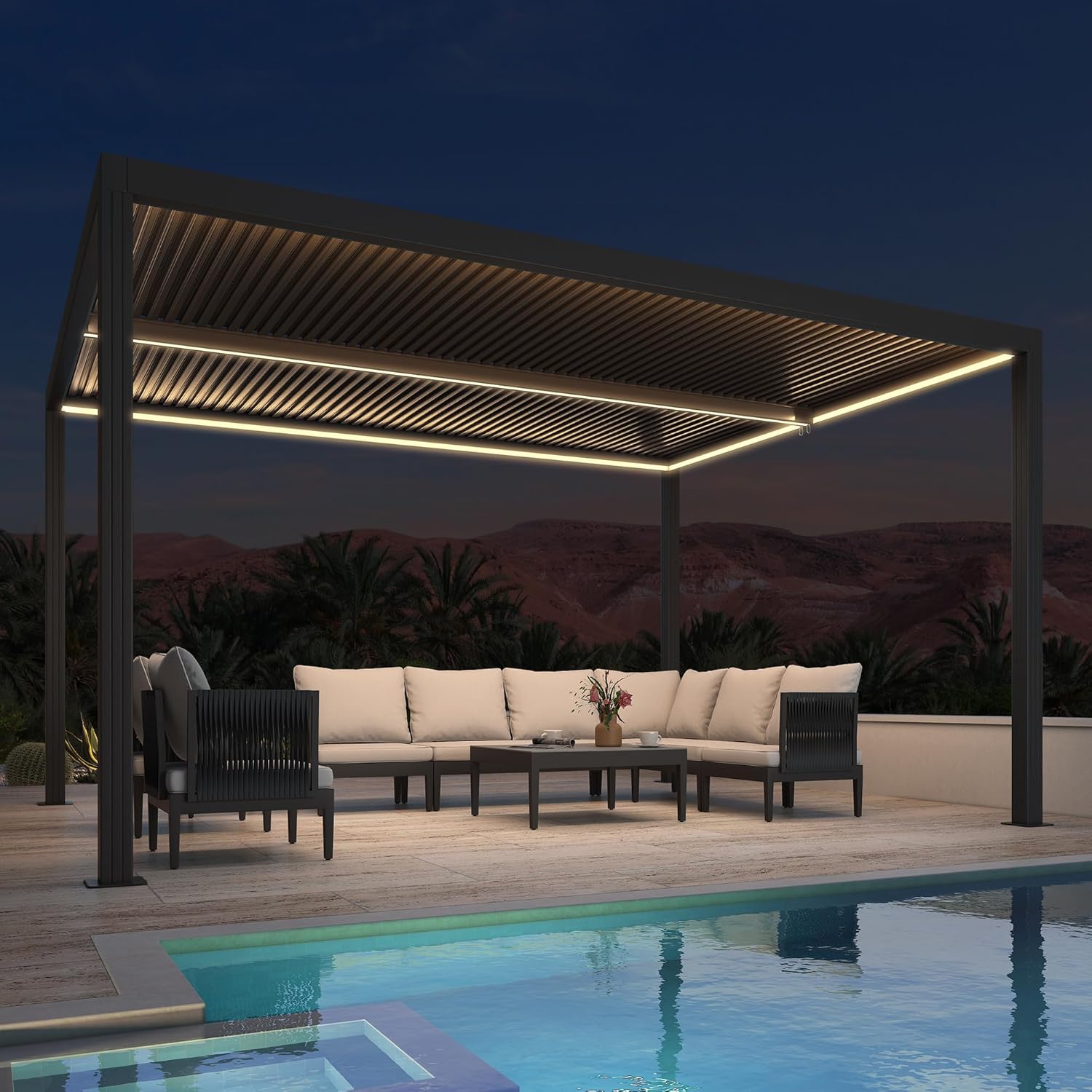 PURPLE LEAF Pavillon 3 x 4.25 m Lamellenpergola mit LED Lichtleiste Wasserdicht Stabil Winterfest Alu Pergola mit Verstellbaren Aluminium-Lamellen für Garten, Grau