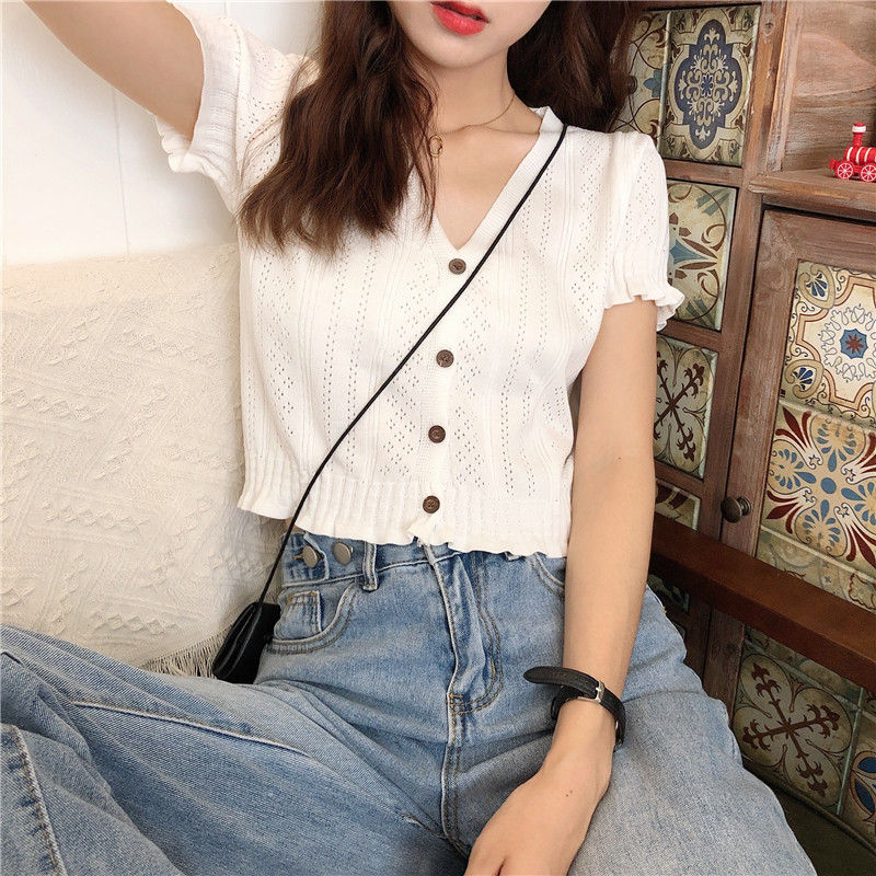 Maisee - Geperforeerde cropped cardigan met korte mouwen
