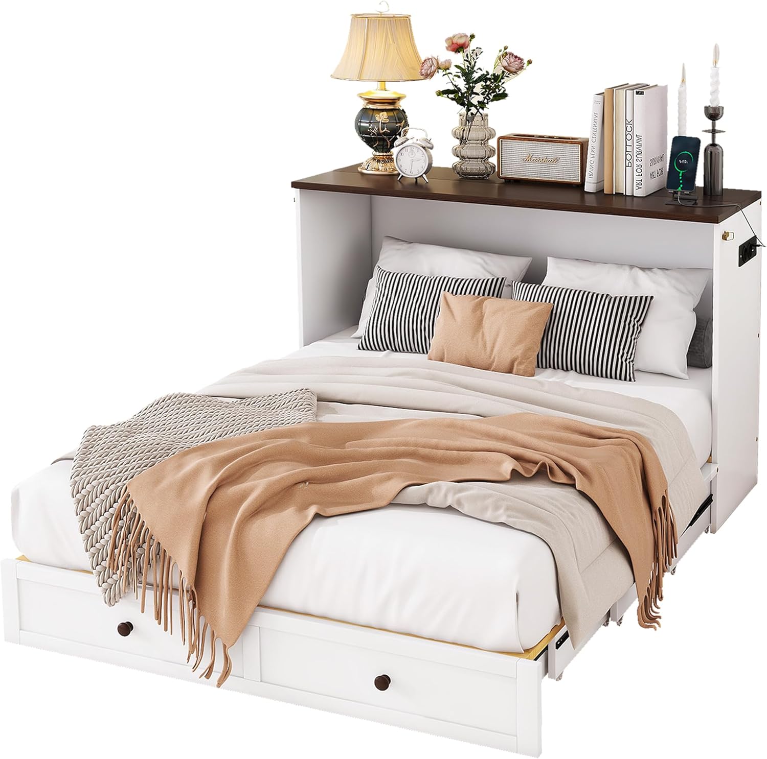 Schrankbett, 140X200cm, Mobiles Schrankbett mit Schubladen am Bettende und Regal am Kopfende des Bettes, mit USB und Steckdose, Umbaubares Plattformbett, Ohne Matratze, weiß