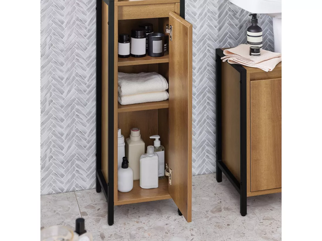 Meuble Colonne De Salle De Bain Avec 3 Niches, 1 Porte Et 3 Etagères Intérieurs, BZr62-pf