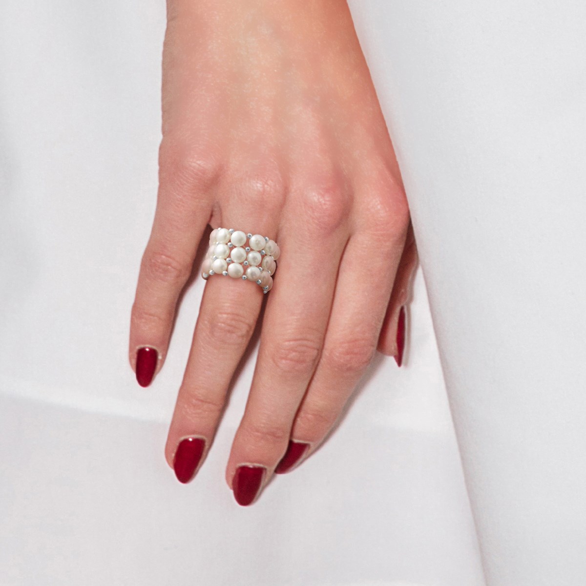 Bague Triple élastiquée Perles d'Eau Douce blanches 3-4 mm - Argent 925