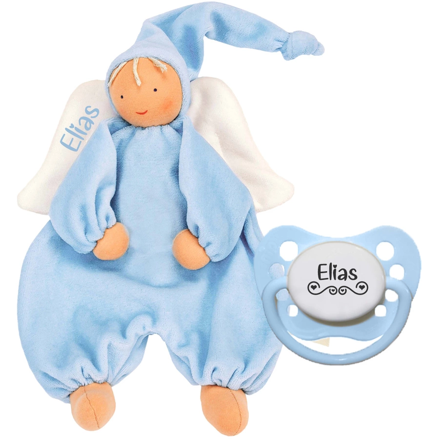 Schnullireich Geschenkset Käthe Kruse Schmusetuch Gugguli Engel mit Namen + NIP Namensschnuller Blau