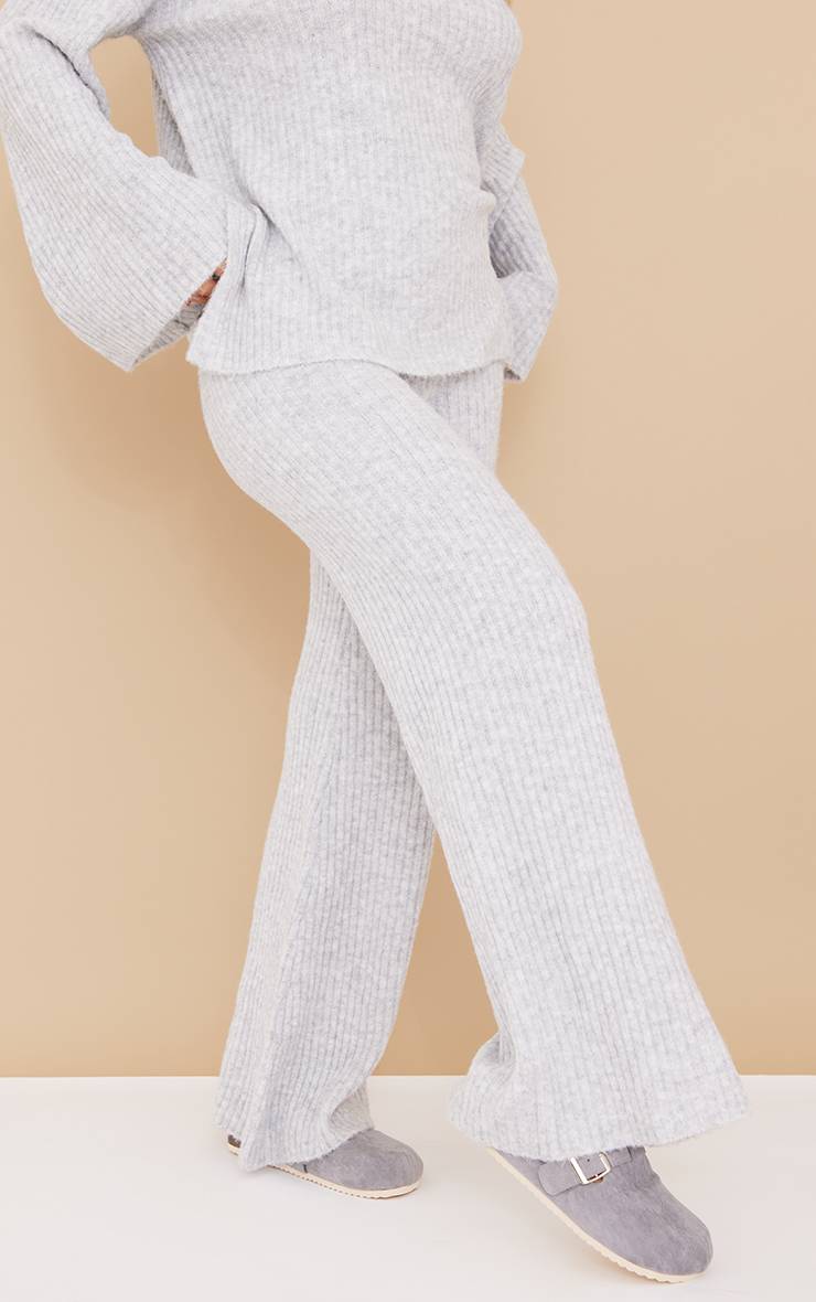 Gris Pantalon Large En Maille Côtelée Luxe