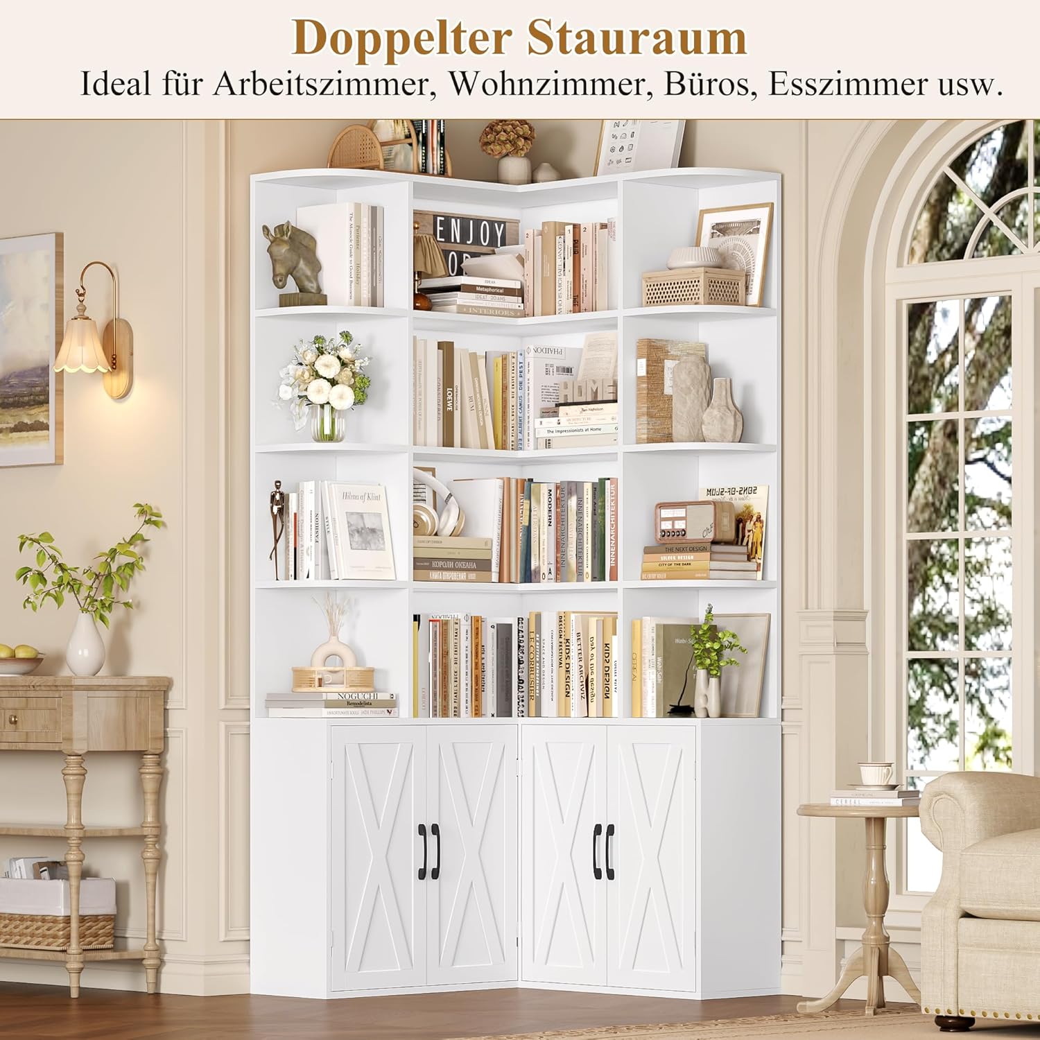 FirFurd 187cm Bücherregal mit Türen Eckregal mit 12 Fächern L-förmiger Bücherschrank Vitrinenschrank aus Holz Hochschrank Regal mit Türen für Wohnzimmer Arbeitszimmer Büro Küche 187 x 80 x 80cm Weiß