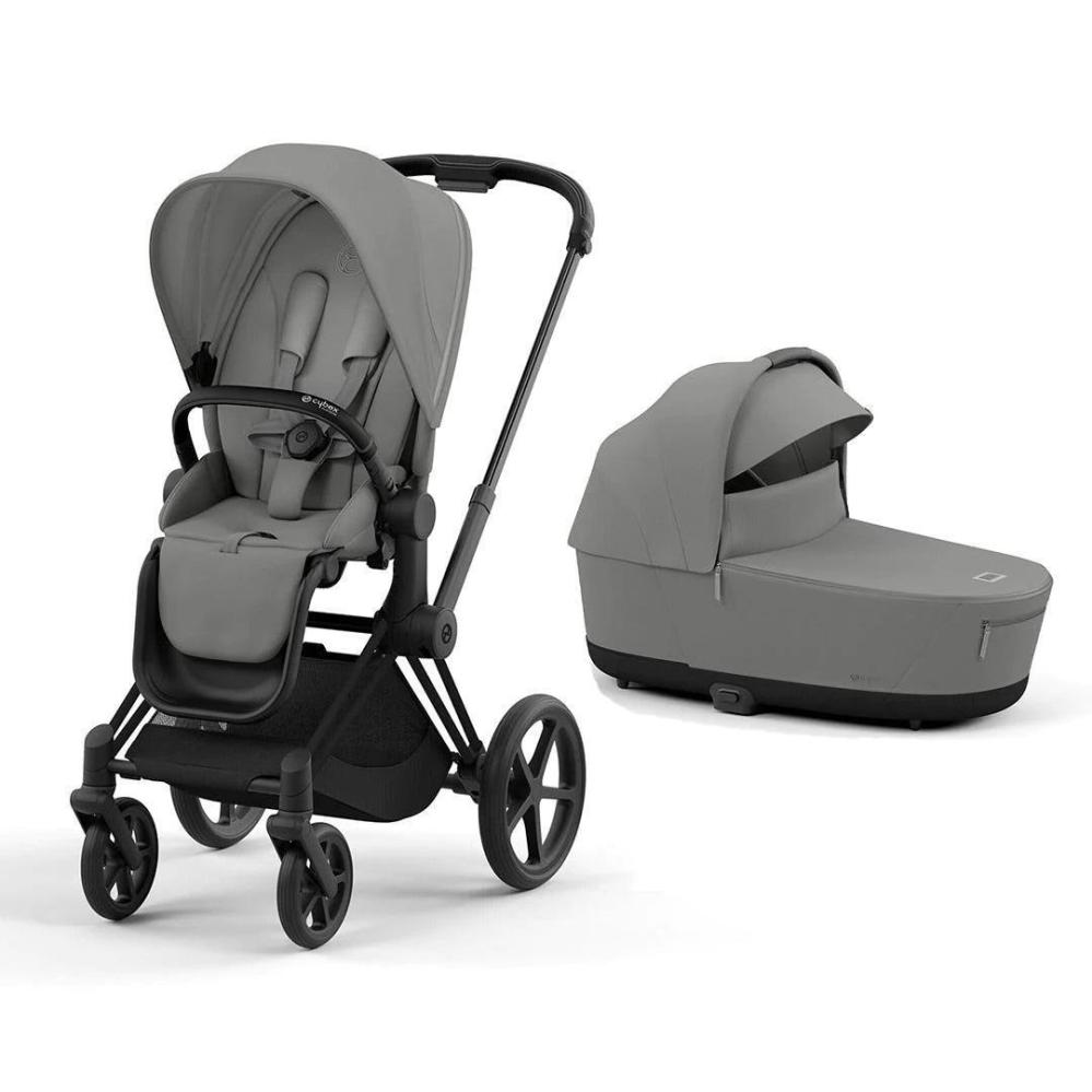 Carrinho de bebê Cybex Priam V4, cor cinza Mirage, estrutura preta fosca.
