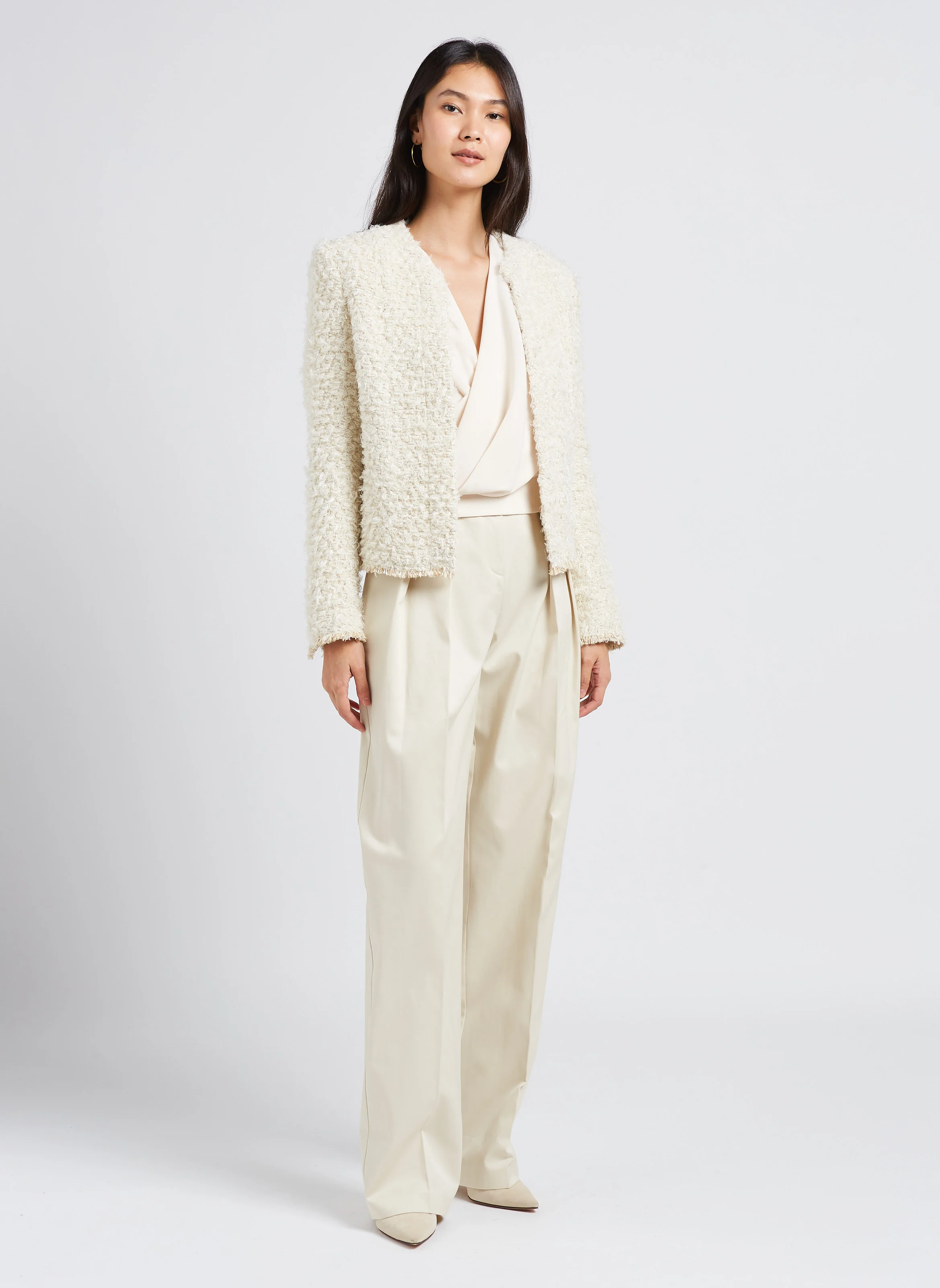 OSNI - Pantalon droit taille haute à pinces en coton | Blanc