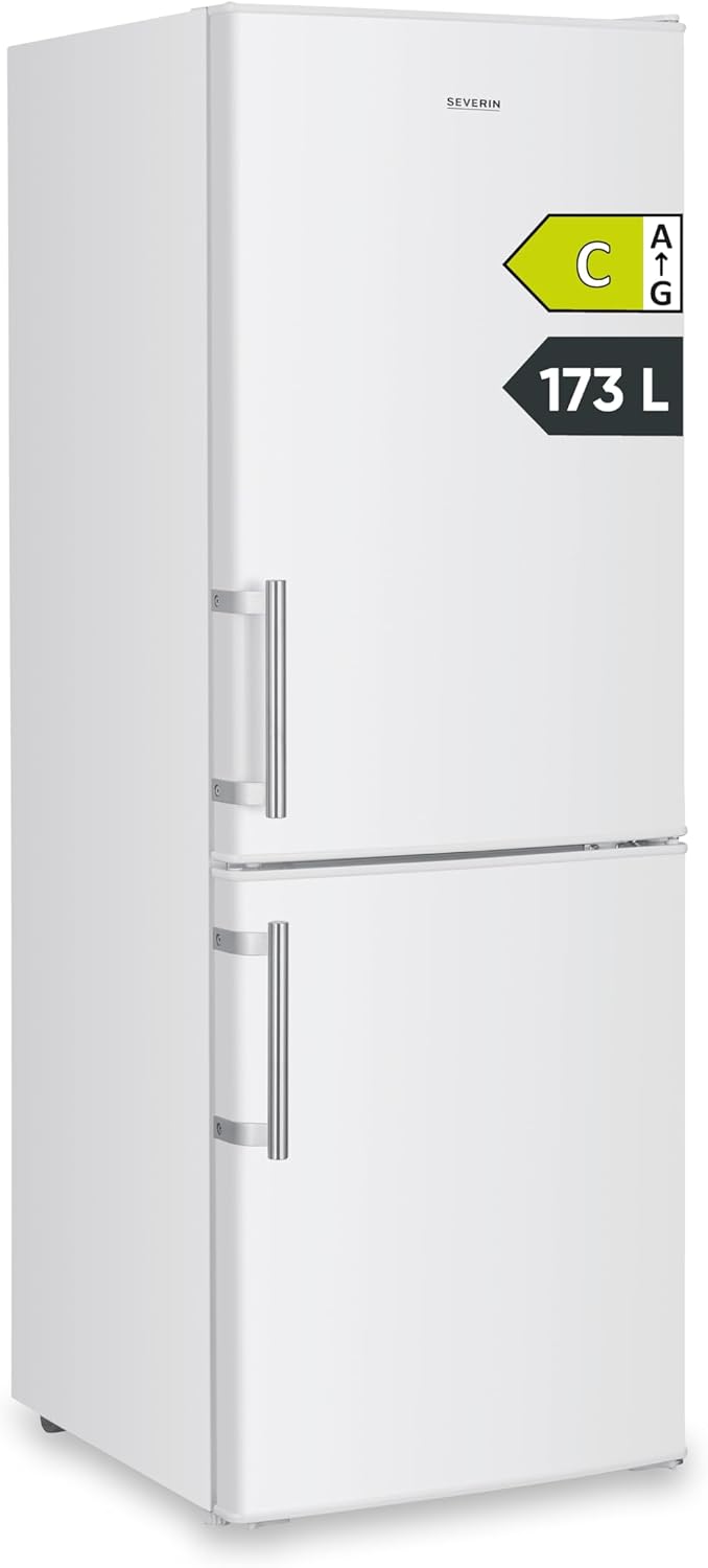 SEVERIN Kühl-Gefrierkombination, Energieeffizienzklasse C, Kühlen 121L, Gefrieren 52L, LED Beleuchtung, 142,5 cm Höhe, 4-Sterne-Gefrierfach, verstellbare Ablagefläche, 124 kWh, weiß/Metall, DT 8770