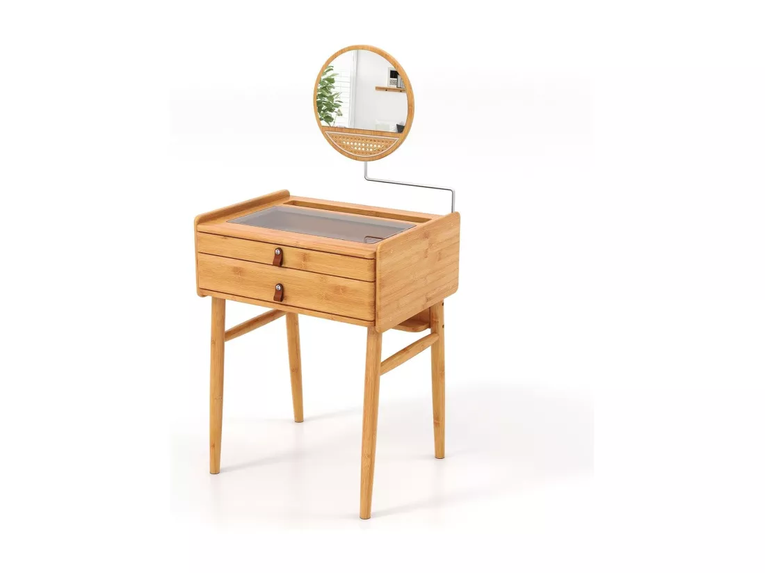 Coiffeuse avec Miroir Pivotant, Coiffeuse en Bambou avec 2 Tiroirs Coulissants, Petite Vanité, Plateau en Verre Trempé Élégant, pour Chambre, Salon, Petit Espace