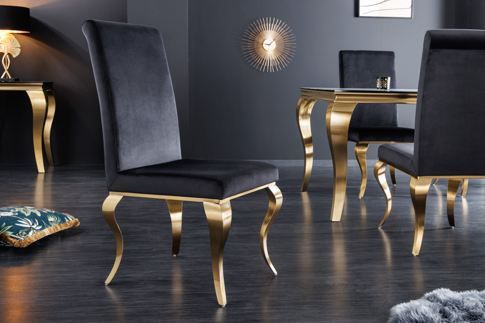 Eleganter Stuhl MODERN BAROCK schwarz Samt goldene Stuhlbeine aus Edelstahl