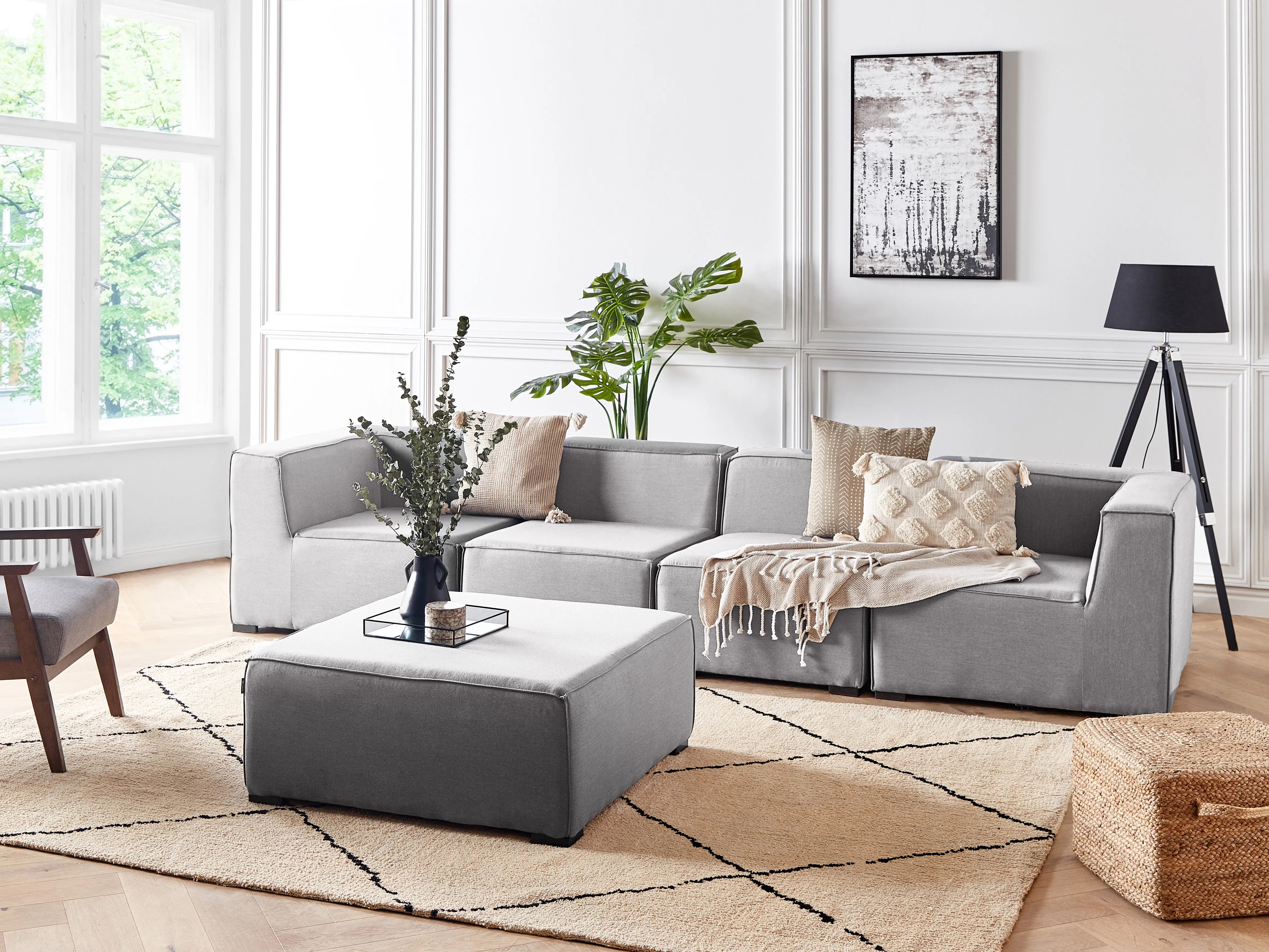 Tuin loungebank met ottomaan 4-zits AREZZO modulair Lichtgrijs