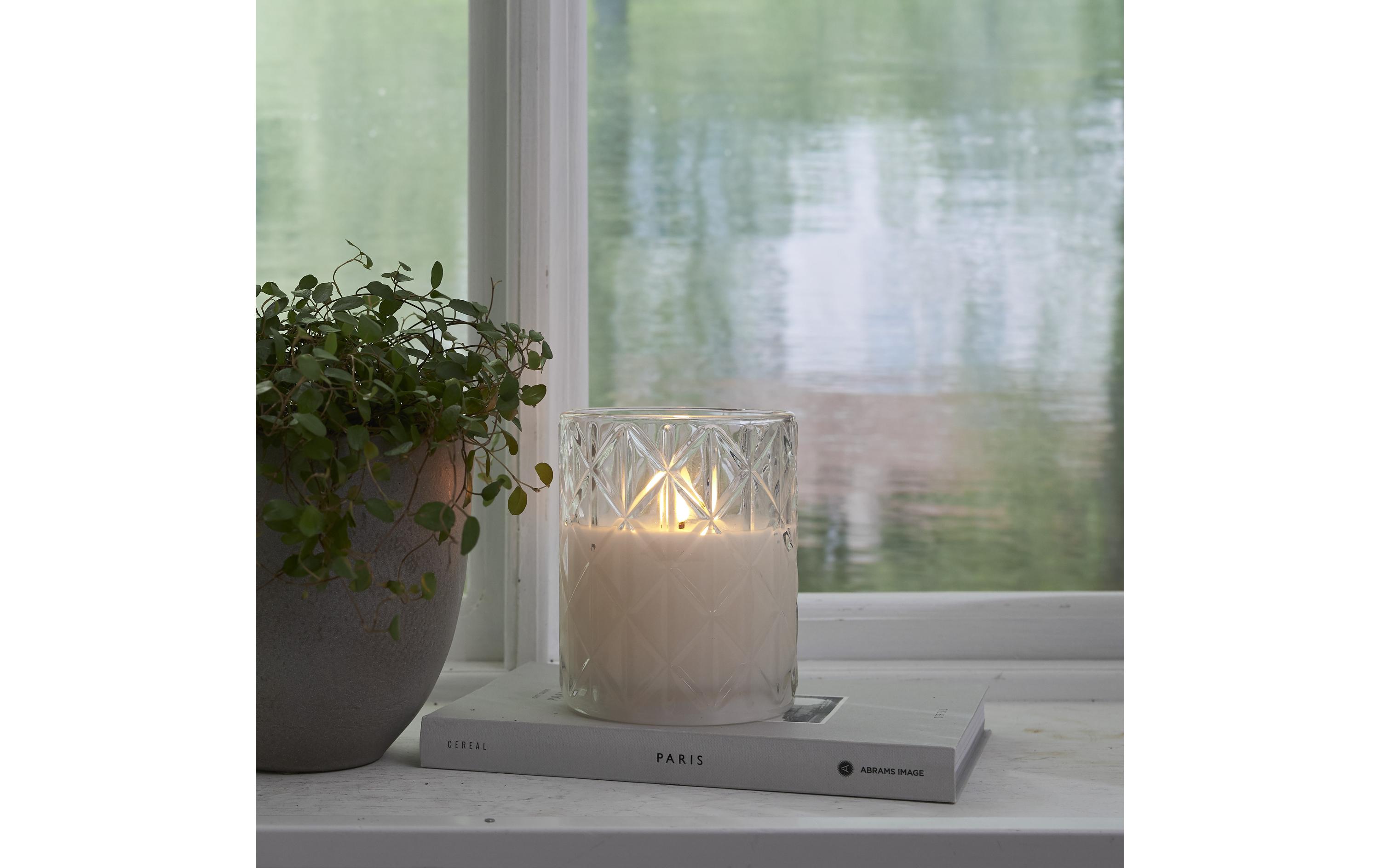 LED-Kerze Flamme Romb, Ø 10 x 12.5 cm, TransparentKünstliche Kerze mit beweglicher Flamme