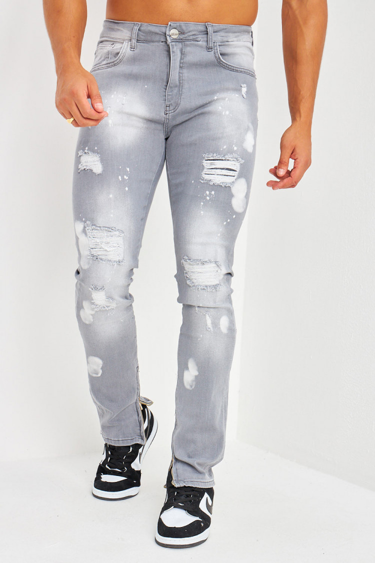 Jeans slim gris zippé, taché et déchiré