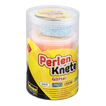 Idena Perlenknete Pastell Glitter, 4 x 33 g, orange, blau, weiß, grün