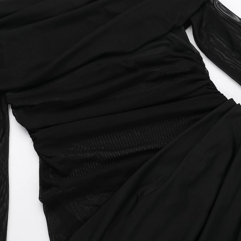 FYDO - Off Shoulder Lange Mouwen Transparante Gerimpelde Maxi Schede Jurk