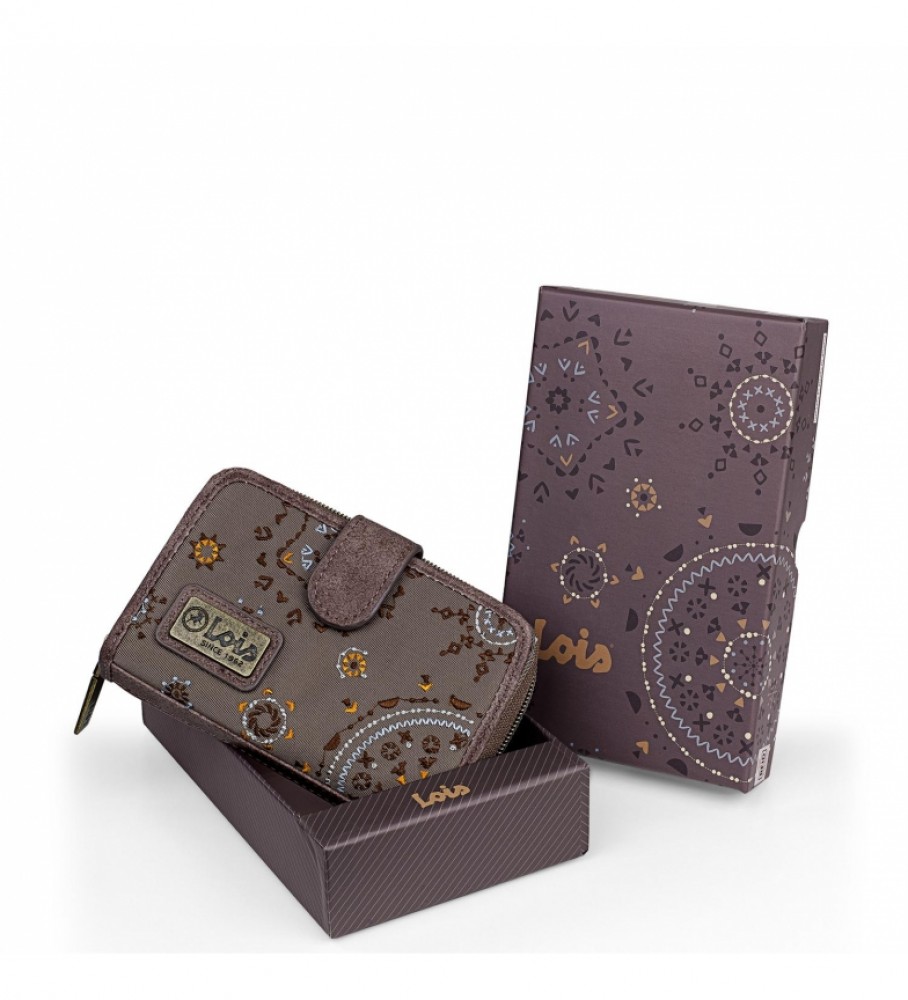 Carteira Lois estampada com bordado 304414 Marrom -9X14X1cm-