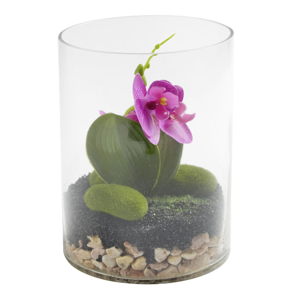 Vase en verre terrarium avec orchidée artificielle Ø15xH20cm (2 modèles)