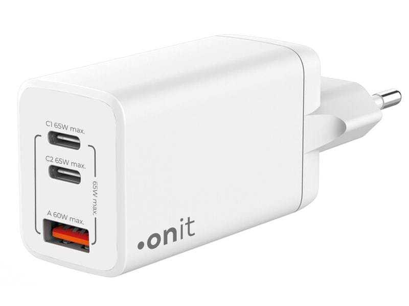 onit USB-Wandladegerät Trial QC4  65 W GaN Weiss Ladeadapter mit zwei USB-C-Ports und einem USB-A-Port