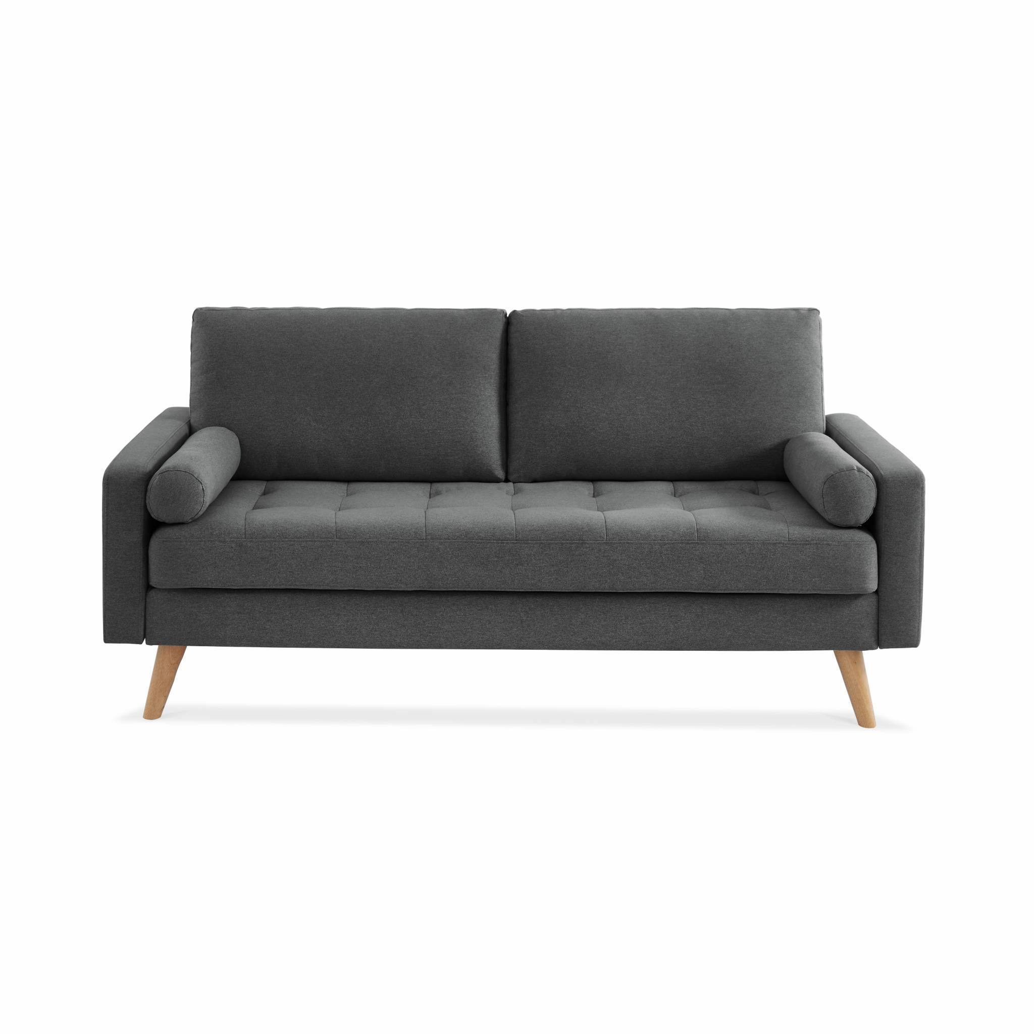Canapé en tissu gris foncé. 3 places scandinave fixe. Droit. Pieds bois