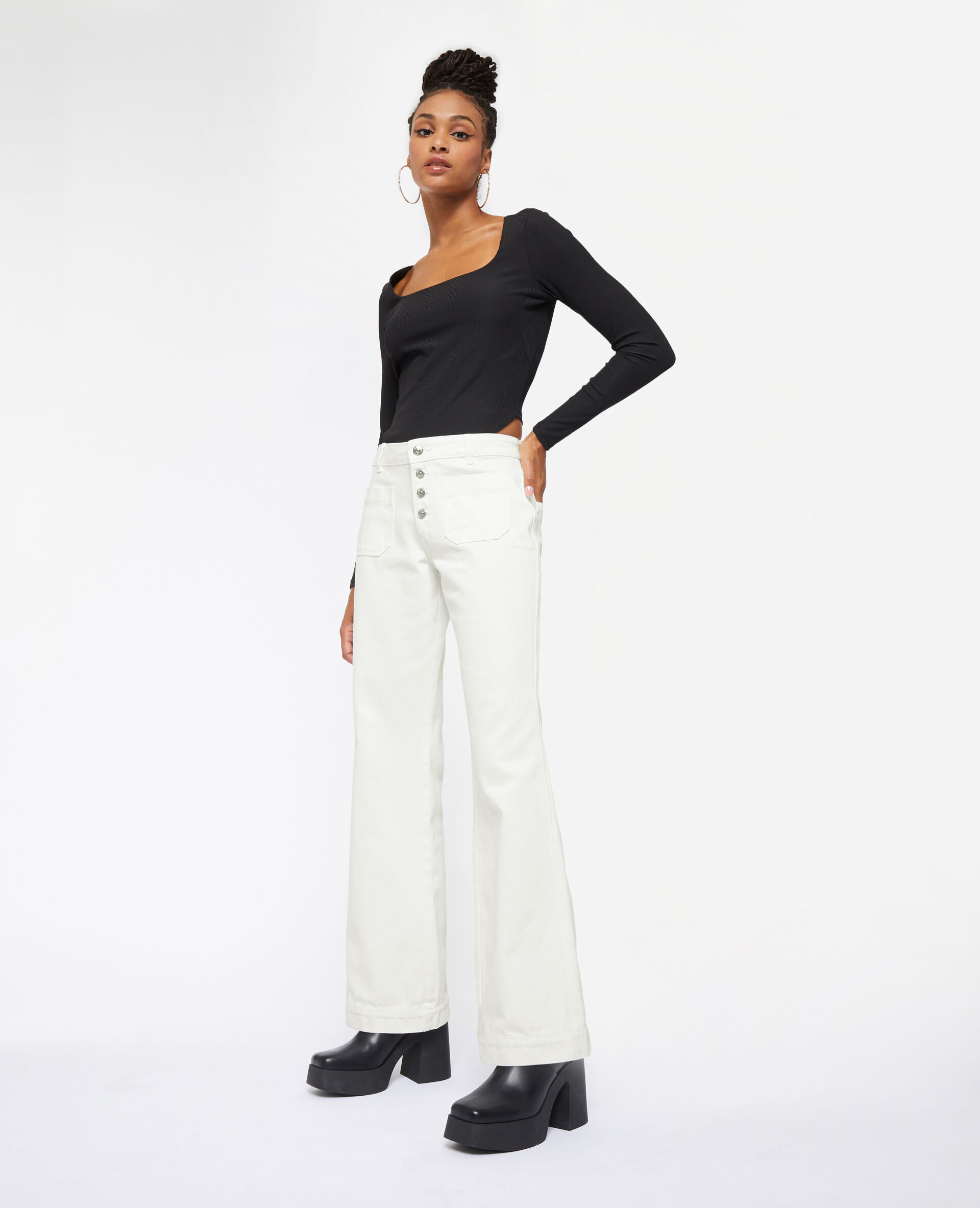 Jean flare taille haute boutons apparents - Blanc
