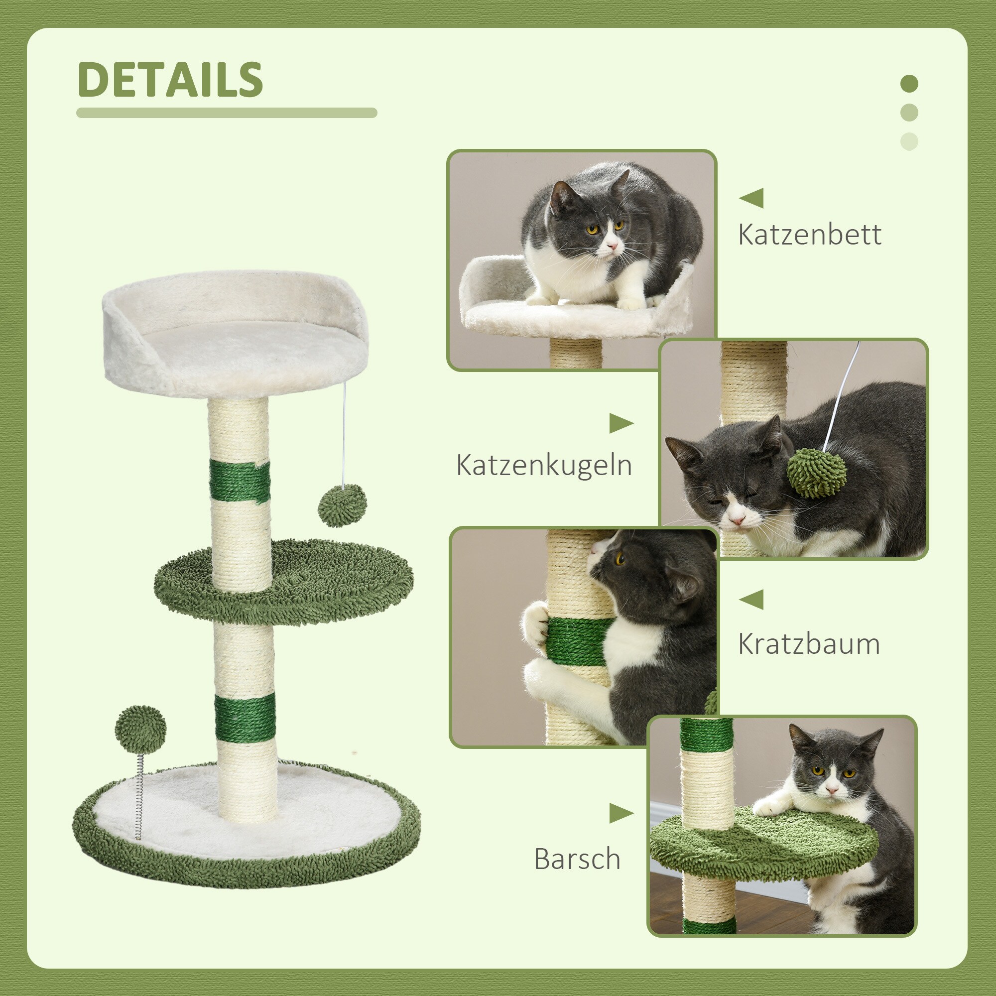 PawHut Kratzbaum mit2 Spielbällen und 2 Ebenen grün, weiß 40L x 40B x 64H cm