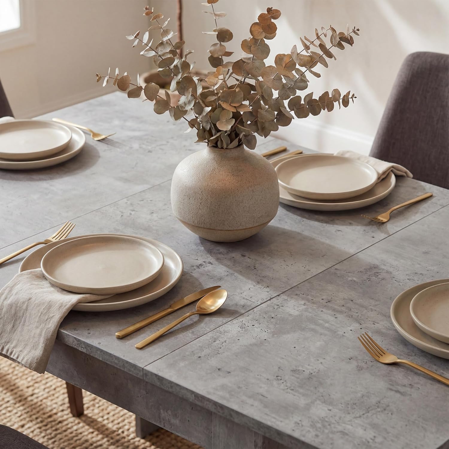 B&D home® LIVIUS Esstisch, ausziehbar 80–120 x 60 cm – moderner Küchentisch in Beton Optik, platzsparend mit integrierter Aufbewahrung für Einlegeplatten, Holztisch für Küche & Esszimmer