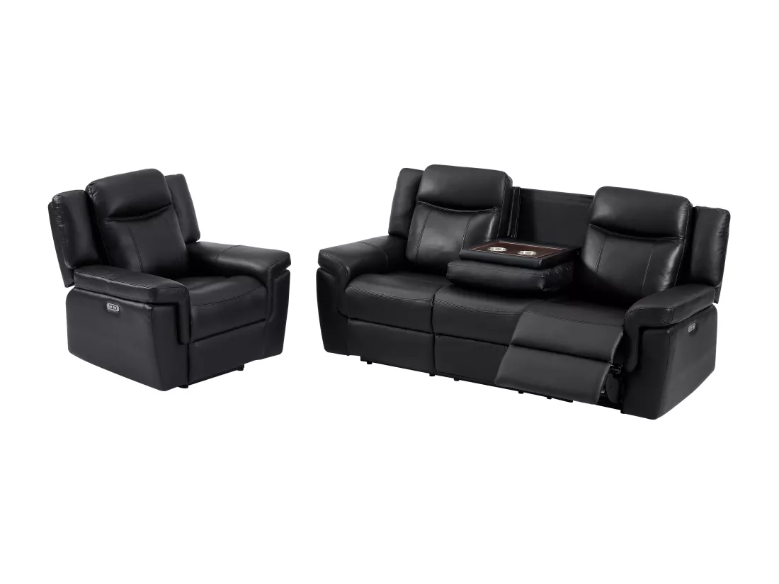 Canapé 3 places et un fauteuil relax électrique en cuir KENNETH - Noir
