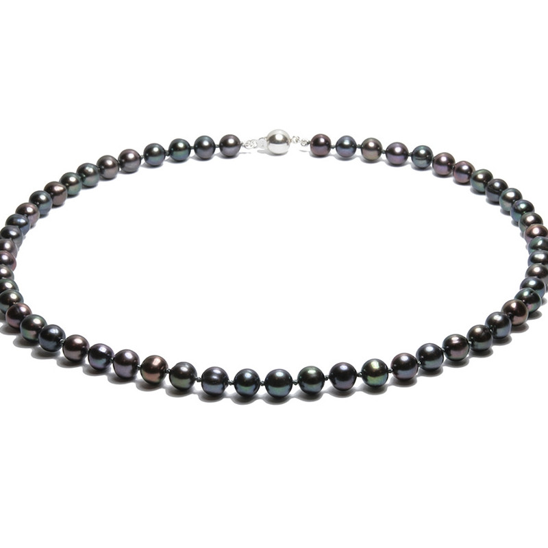 Collier Femme Ras du Cou en Perles de culture d'eau douce Noires et Fermoir Argent 925