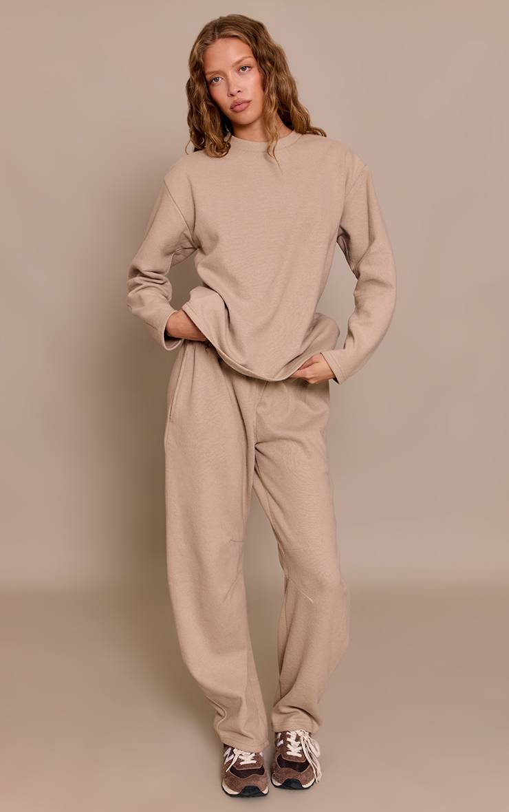 Taupe Sweat-shirt Côtelé Brossé À Manches Longues