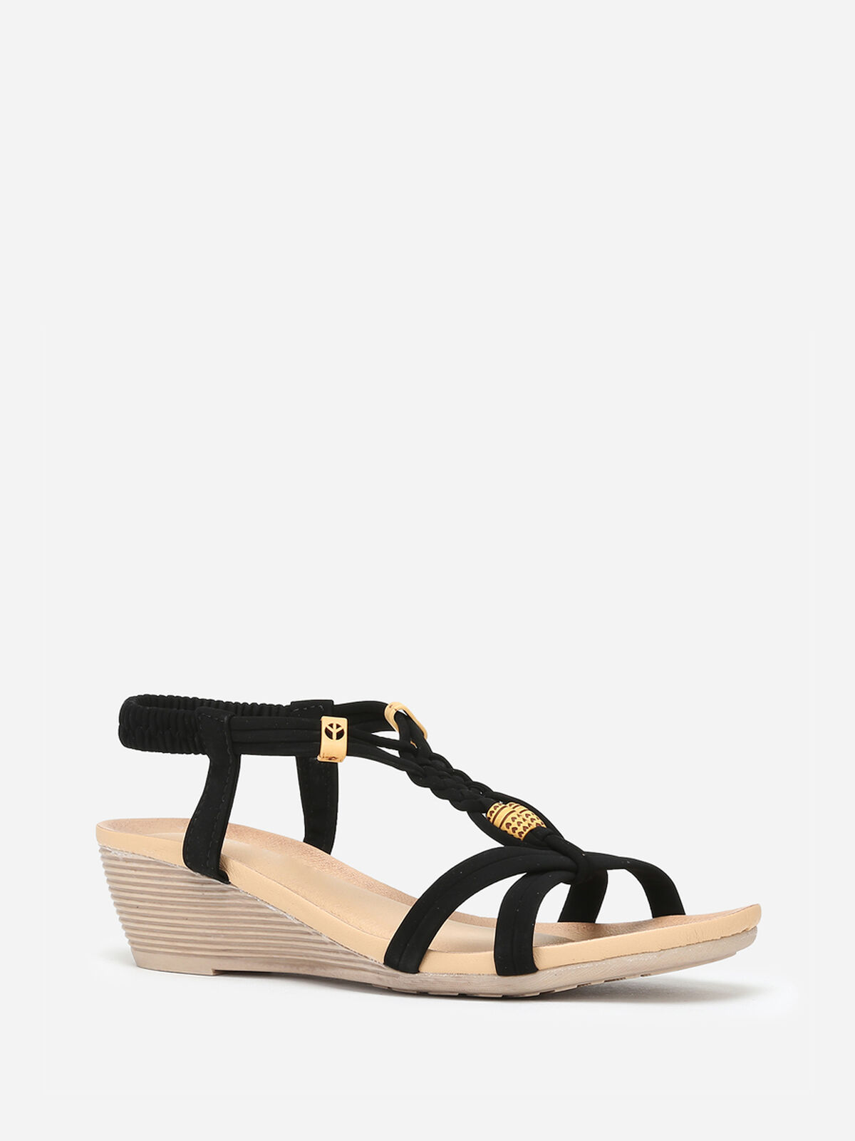 Sandales compensées à perles effet bois- Noir
