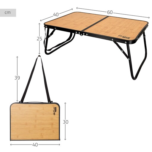 Mesa de camping dobrável Aktive com efeito bambu e alças para transporte.