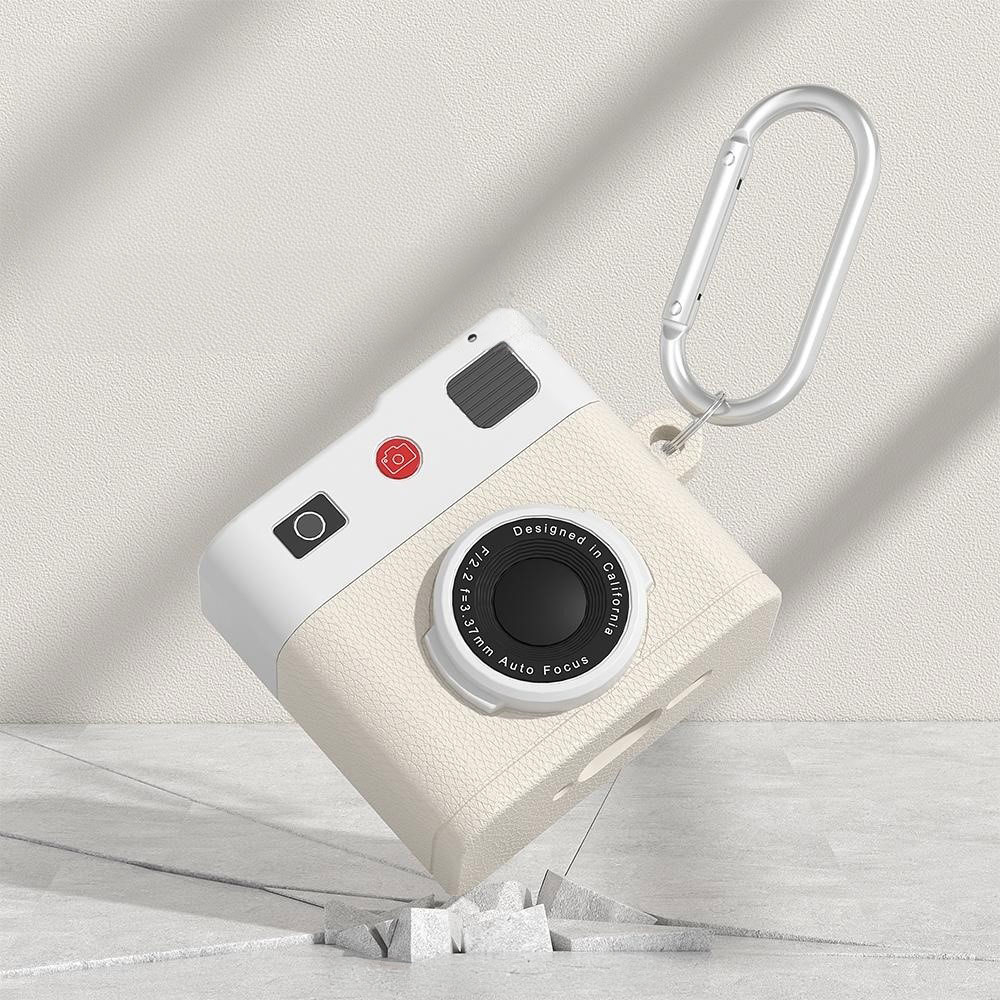 AirPods 4 Silikon Schutzhülle Abdeckung mit Karabinerhaken Retro Kamera - Beige