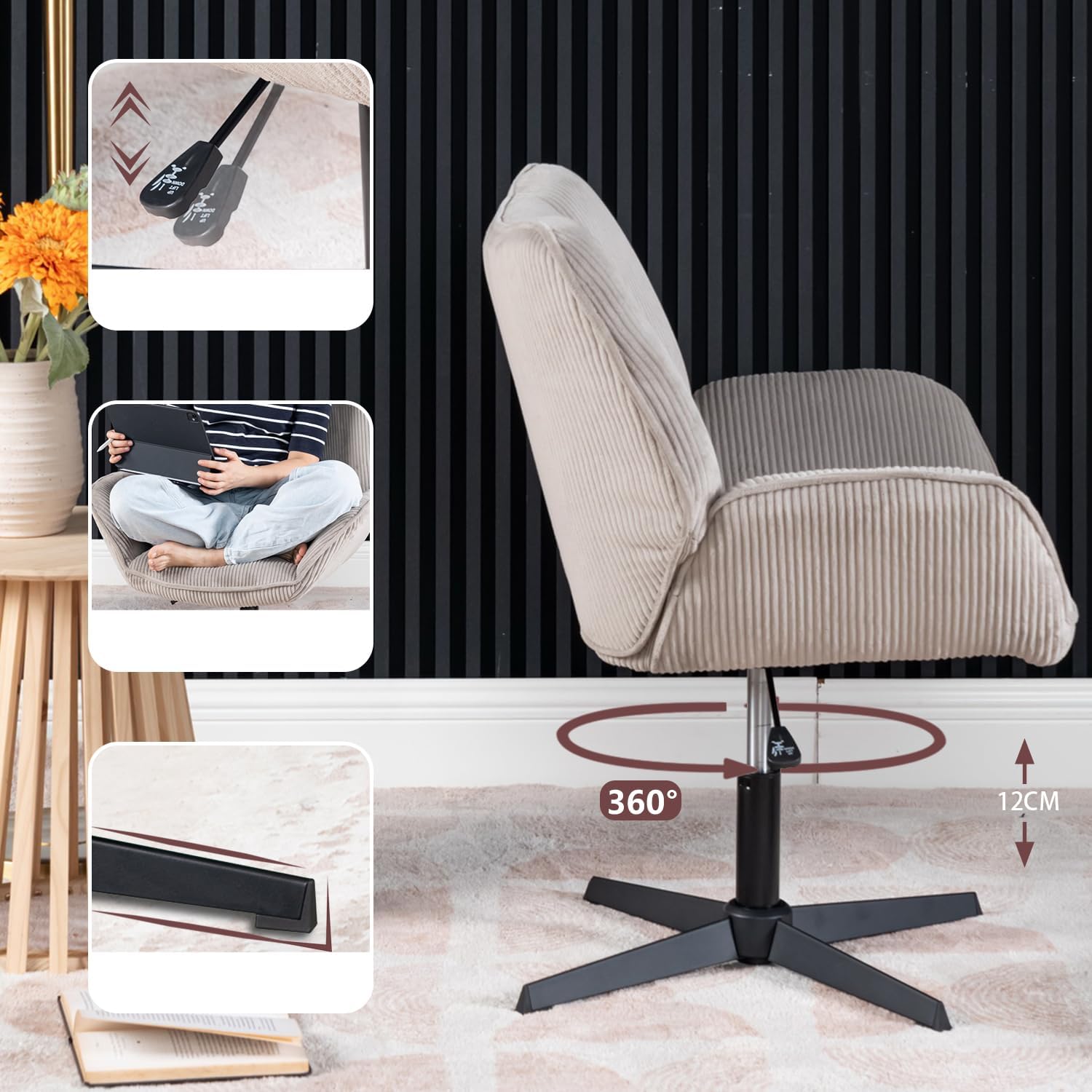 MEUBLE Cosy Sessel Lehnstühle Lounge Einzelsofa mit Armlehnen höhenverstellbar Relaxsessel 360° Drehbar Polsterstuhl für Wohnzimmer Schlafzimmer Vanity, Cordstoff, Taupe
