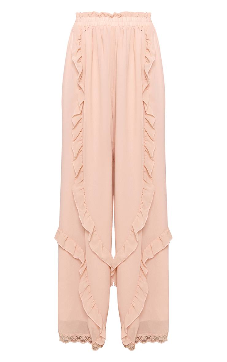 Rose Pantalon Large À Détails Volantés