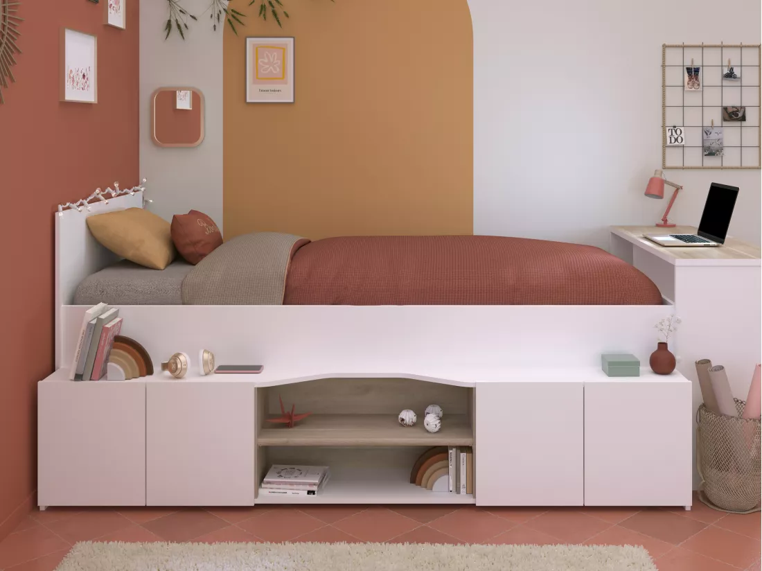 Lit combiné 90 x 190/200 cm avec bureau et rangements - Blanc et naturel + Sommier + Matelas - JOCHIANE