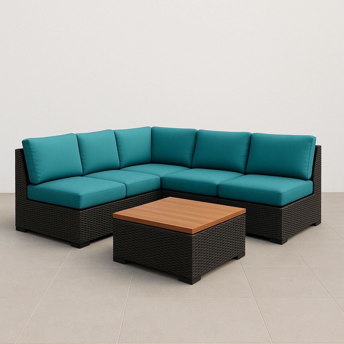 Ecksofa Set Polyethylen Rattan Blau Polyesterkissen Tisch Holzplatte