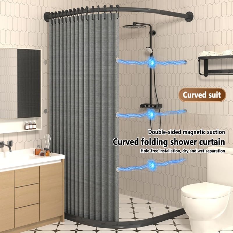 Gebogenes Duschvorhang-Set, magnetisch, faltbar, wasserdicht, Badezimmer-Trennwand mit gebogener Stange und Wasserspeicherstreifen, passend für X70~85cmxY70, ideal für kleine Räume
